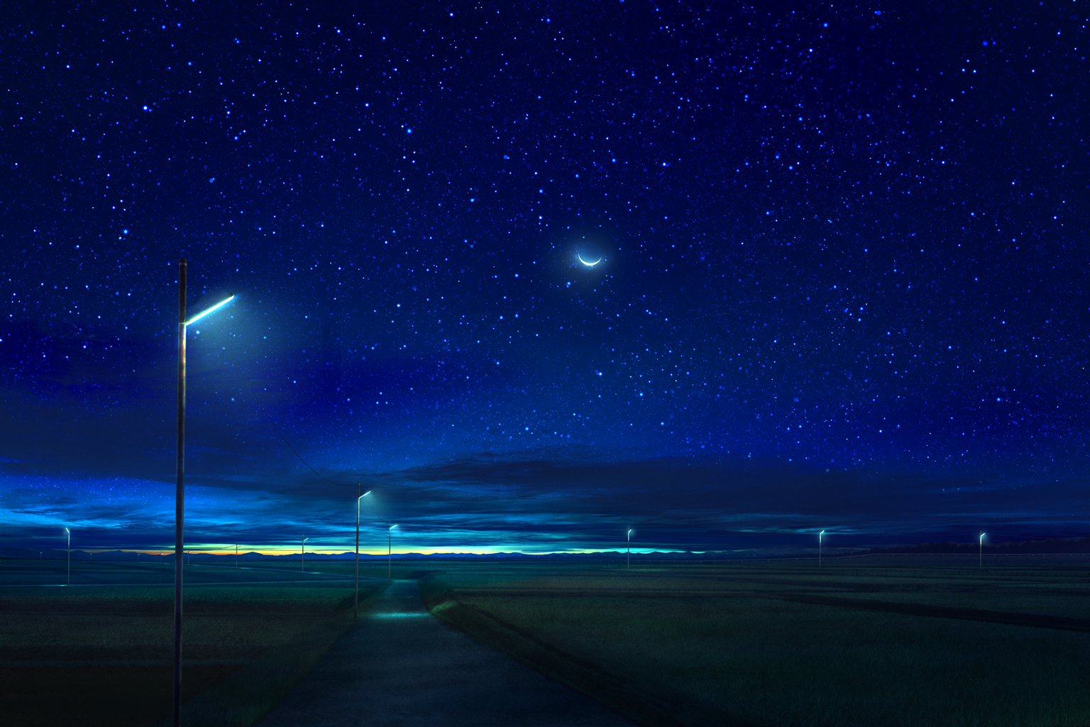 Anime-style night scene showing a quiet path under a vast starry sky with a crescent moon and glowing streetlights.