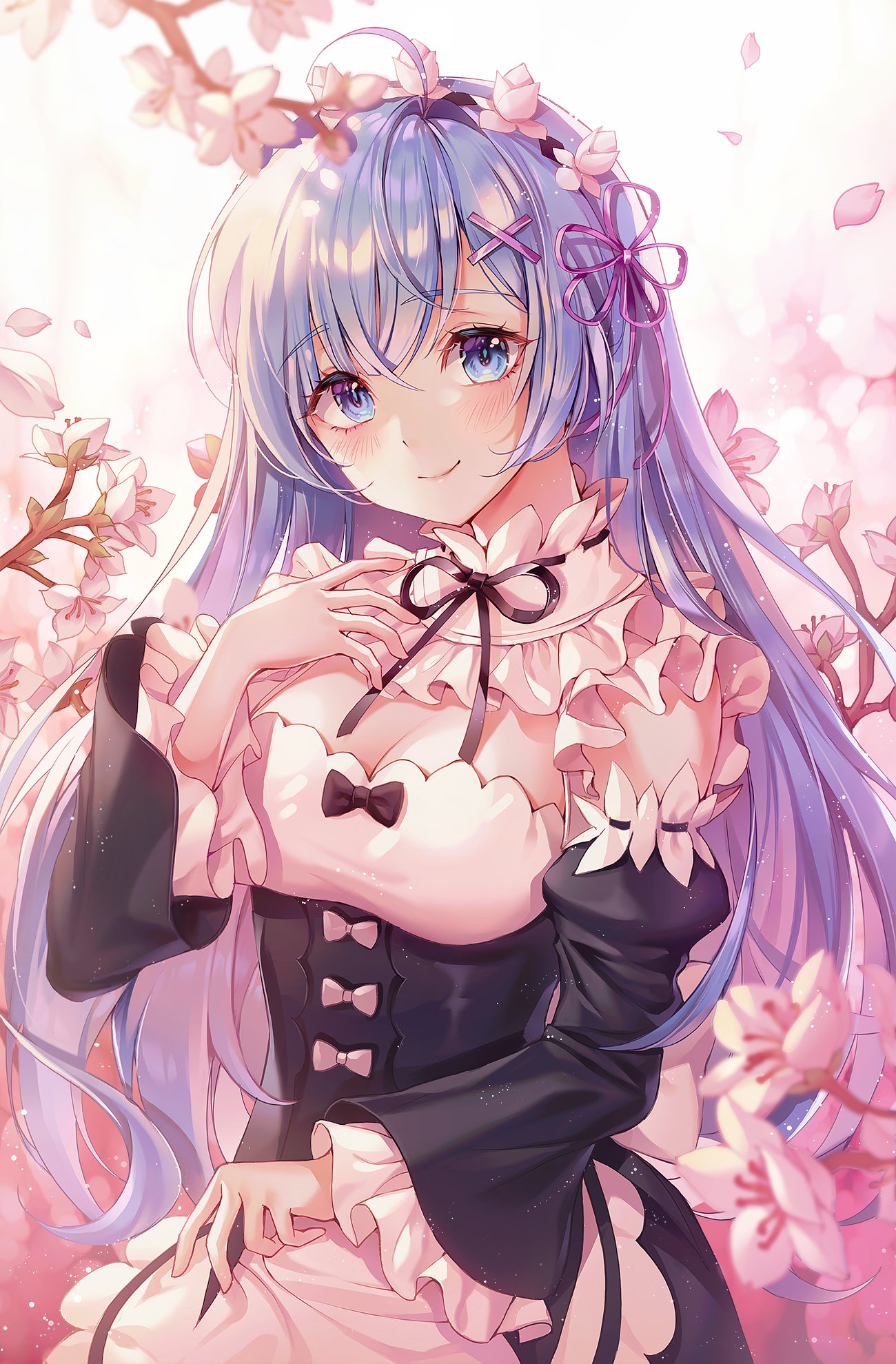 Rem from Re:Zero − Starting Life in Another World: in a black-and-white maid outfit, soft smile, long blue hair with hairclips and pink ribbon, surrounded by cherry blossoms.