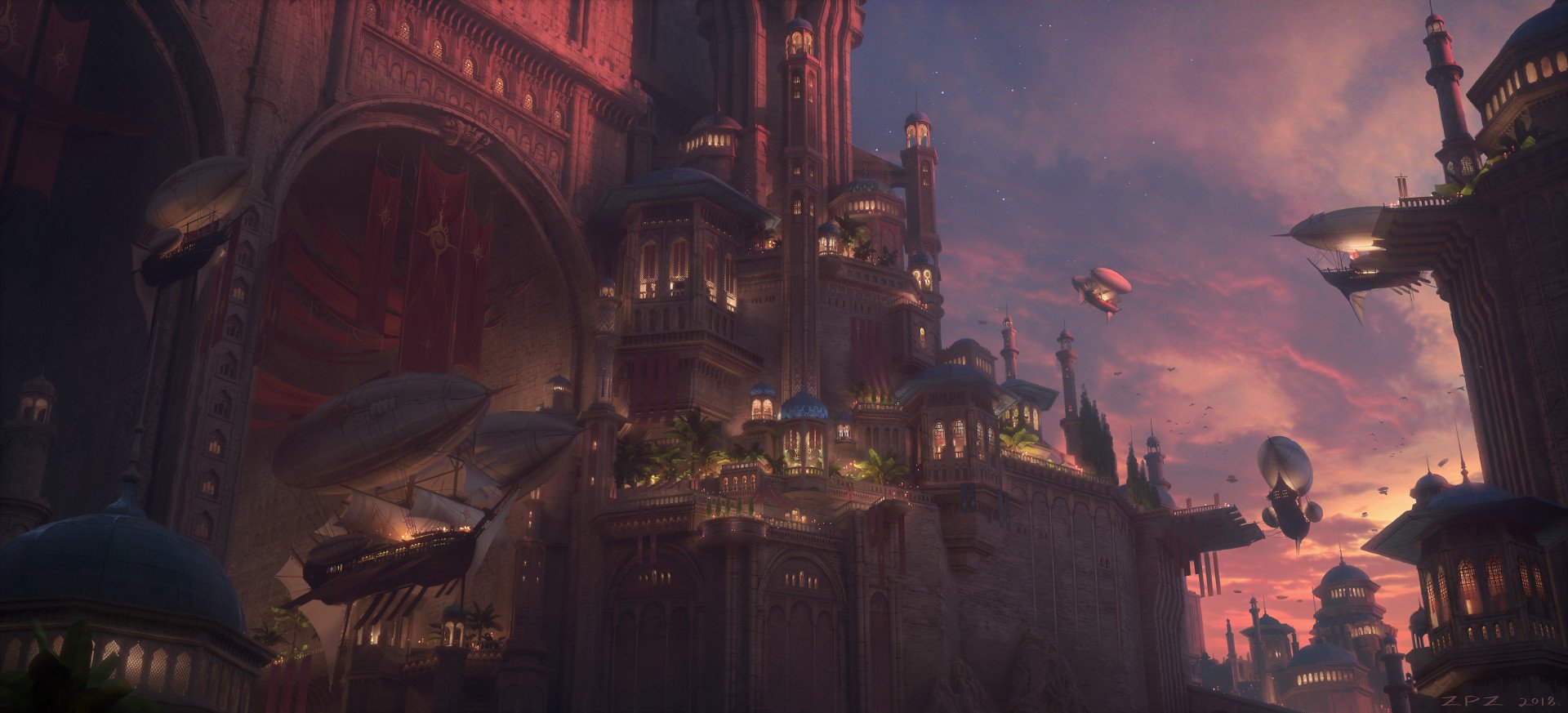 A fantasy cityscape bathed in the warm, glowing hues of a sunset, featuring towering structures and airships floating in the sky.