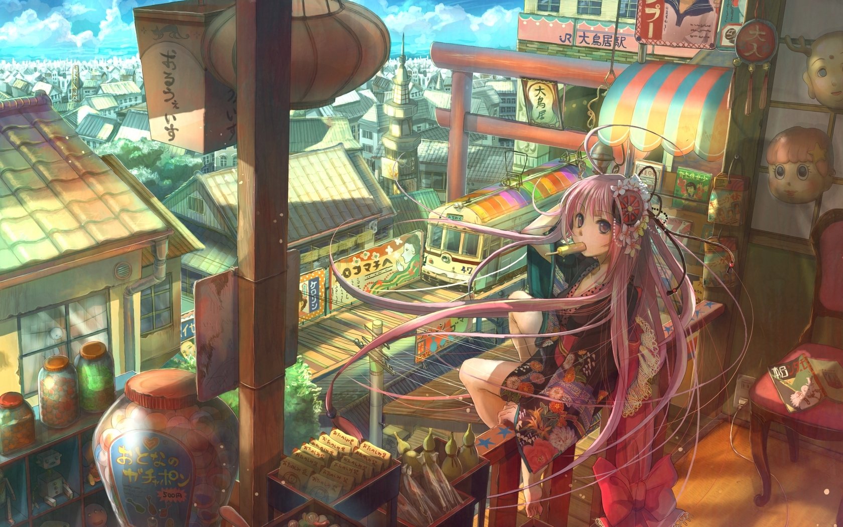 A vibrant scene featuring an anime girl with long hair, sitting in a cozy shop, gazing out at a bustling street filled with colorful shops and scenery.