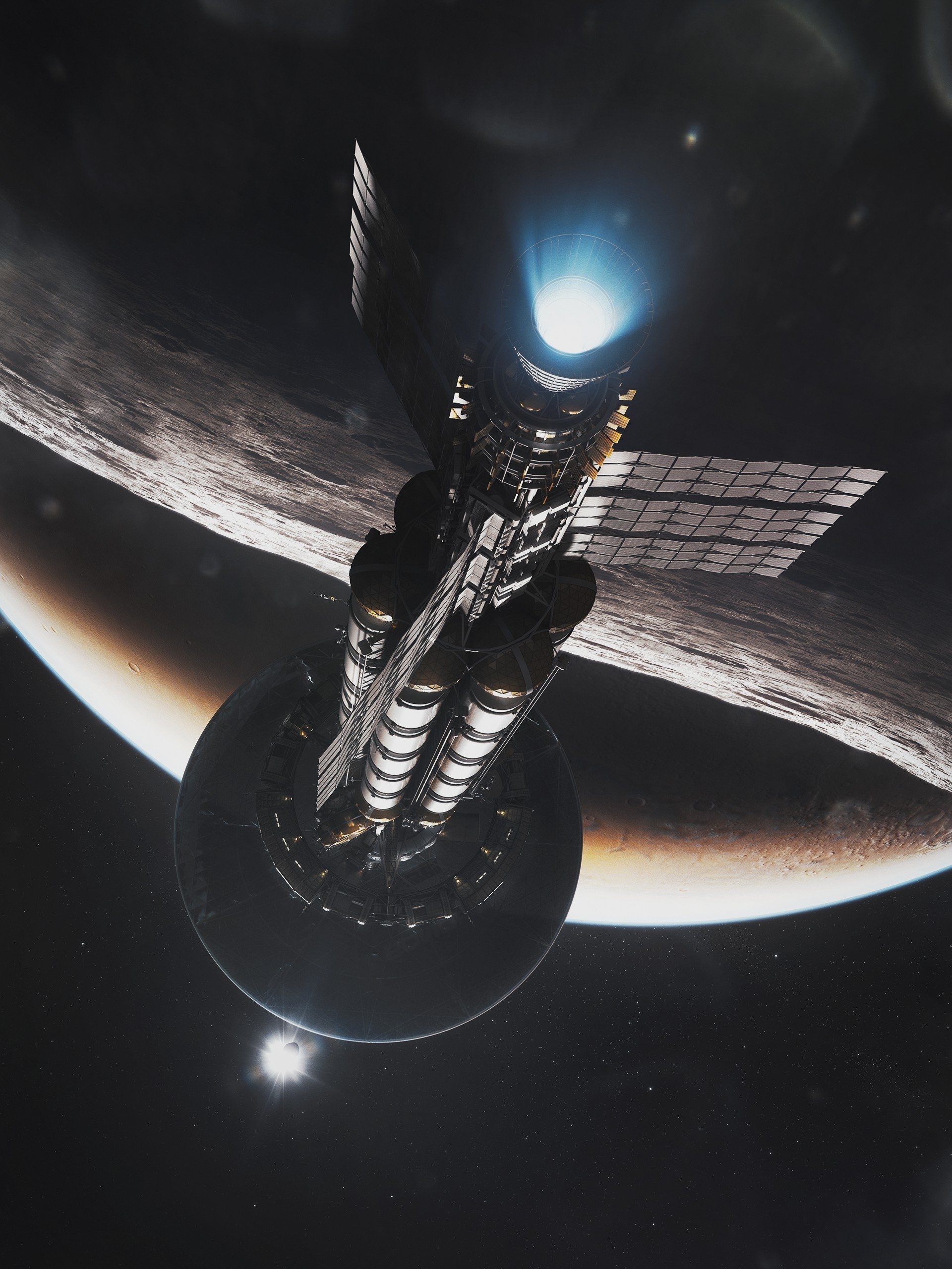 Sci‑Fi spaceship with solar arrays and a glowing engine hovers in space above a cratered moon, with a gas giant and starfield forming the cosmic background.