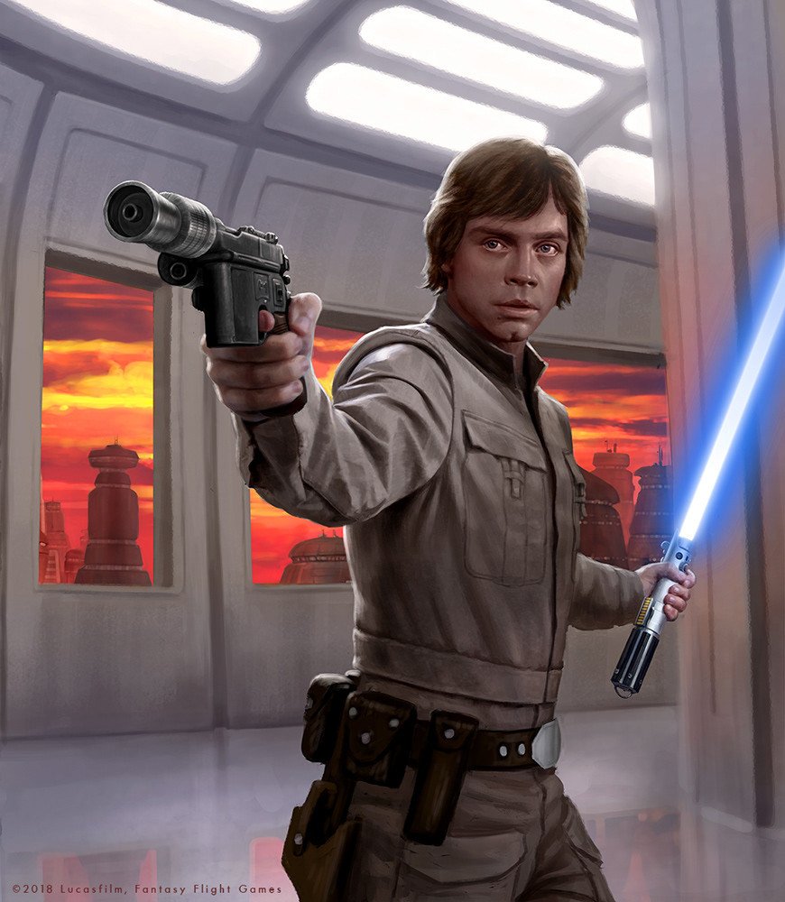 Luke Skywalker, a Jedi from Star Wars, stands ready with a blue lightsaber in one hand and a blaster in the other, set against a sci-fi backdrop at sunset.