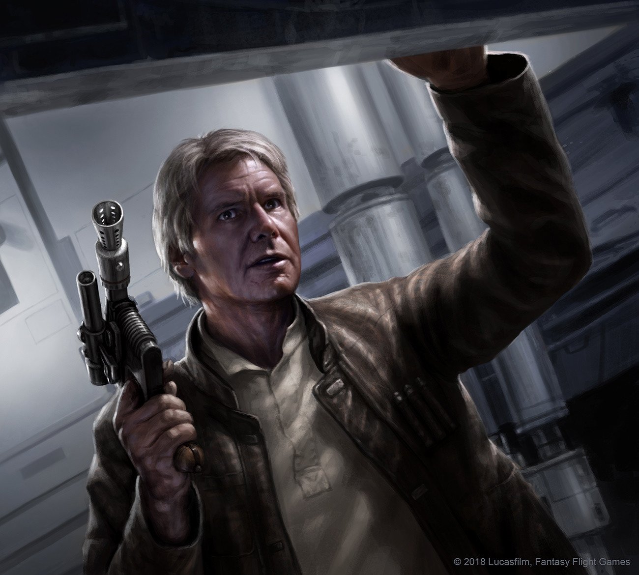 Han Solo from Star Wars, older and gray‑haired in a brown jacket, brandishing a blaster inside a sci‑fi starship interior.