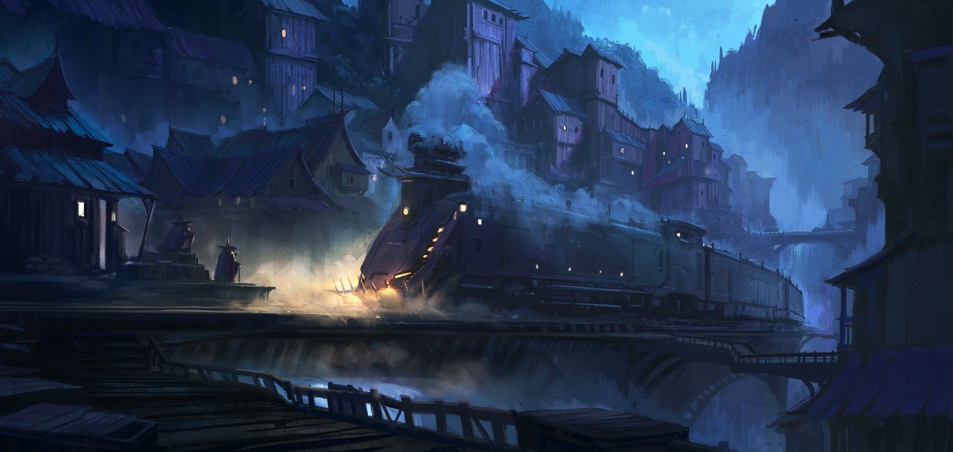 A glowing train moves through a misty fantasy city at night, with dimly lit buildings and an eerie, magical atmosphere surrounding the scene.