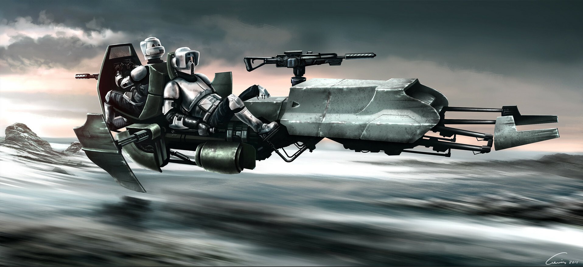 Scout trooper on a speeder bike skimming an icy plain, sci‑fi Star Wars scene with mounted blaster and stormy skies.