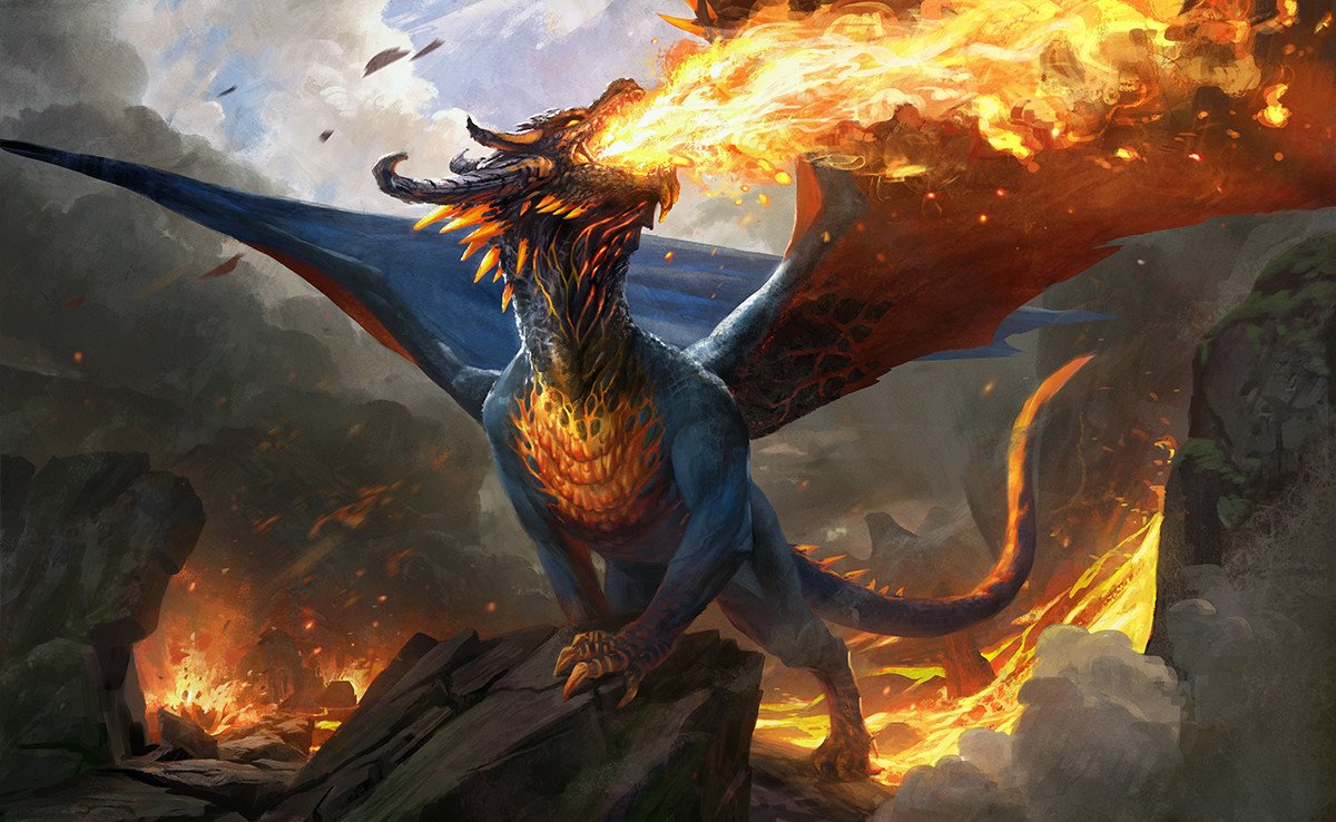 A fierce fire dragon from fantasy lore breathes intense flames while perched on rocky terrain amid a fiery, smoke-filled landscape.