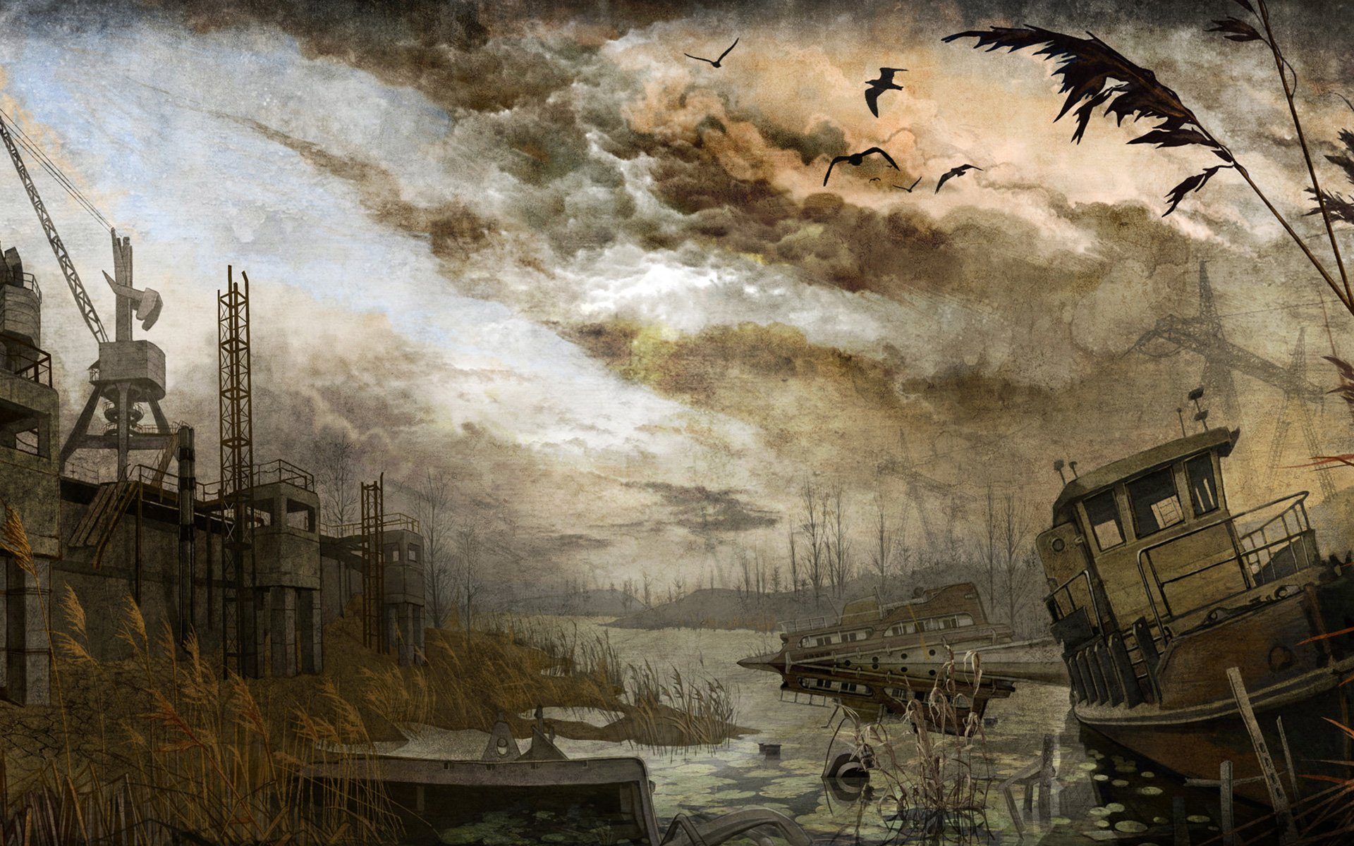 Dark, abandoned industrial landscape with rusted boats and ominous clouds, evoking the eerie atmosphere of the video game S.T.A.L.K.E.R.