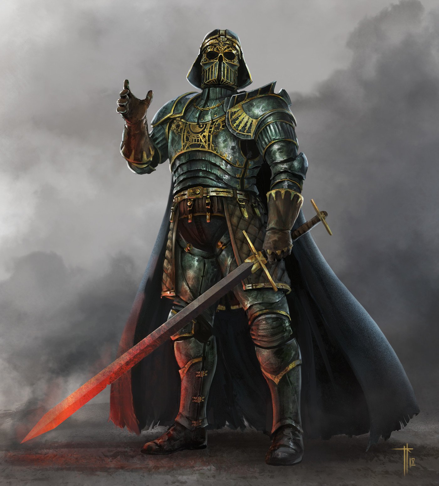 Darth Vader reimagined as a medieval knight in detailed sci-fi armor, holding a glowing red sword against a smoky, dramatic background.