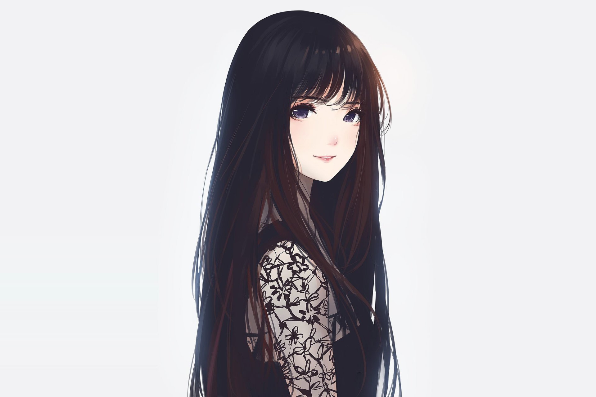 Anime-style girl with long dark hair and a subtle smile, wearing a black lace top against a light background.