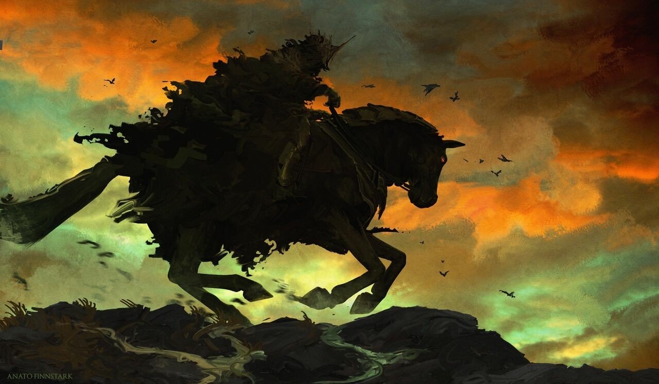 Nazgûl on a rearing black horse silhouetted against an orange-green fantasy sky over jagged rocks, invoking The Lord of the Rings' dark menace.