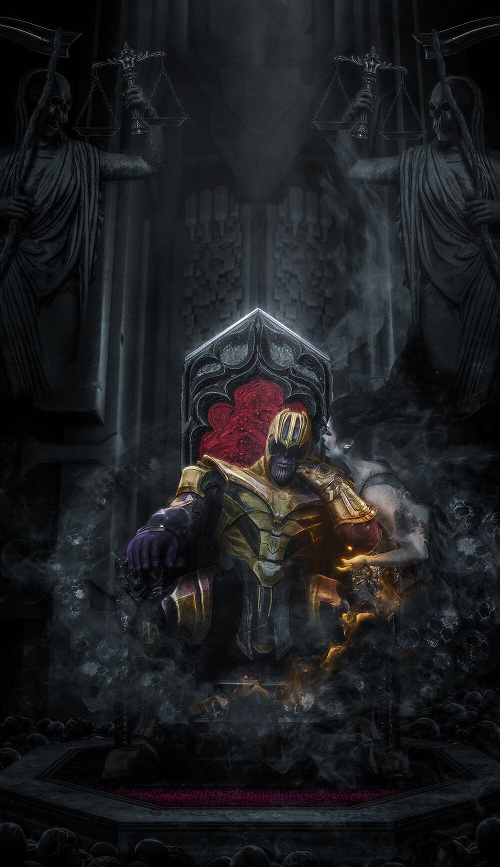 Comic depiction of Thanos seated on a throne as Lady Death looms nearby in a dark, gothic hall of skulls, scales and swirling mist.