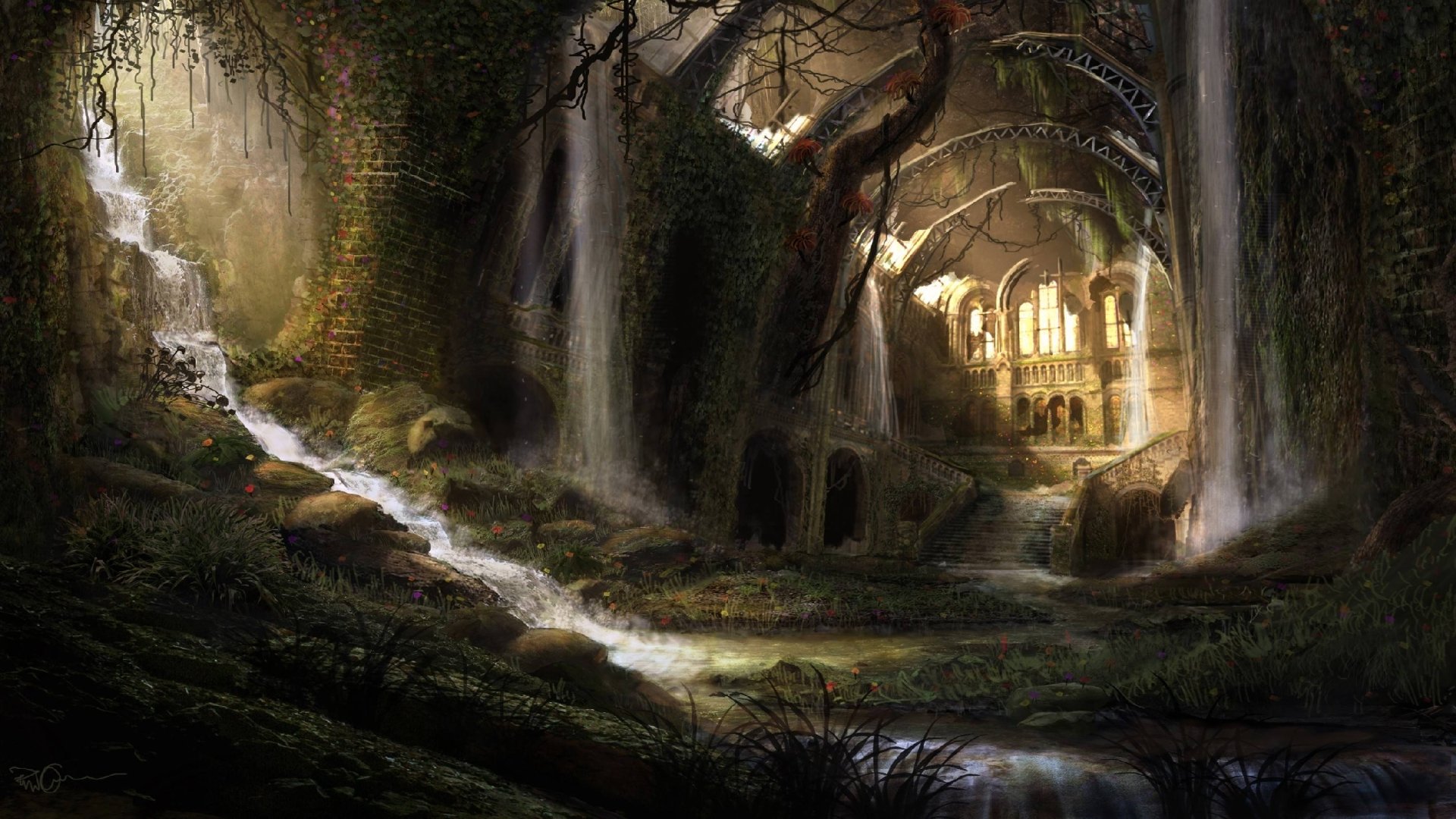A mystical fantasy ruin shrouded in moss and vines, with cascading waterfalls flowing through ancient stone arches in a dim, enchanted forest setting.