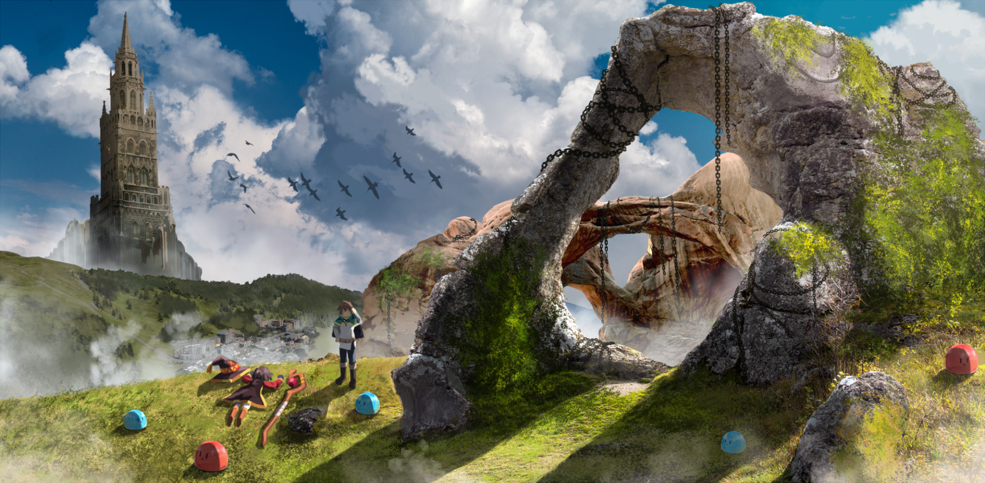 A vibrant scene from KonoSuba - God’s Blessing on this Wonderful World!! featuring Megumin amidst a fantastical landscape with a tower, rocks, and colorful spheres.