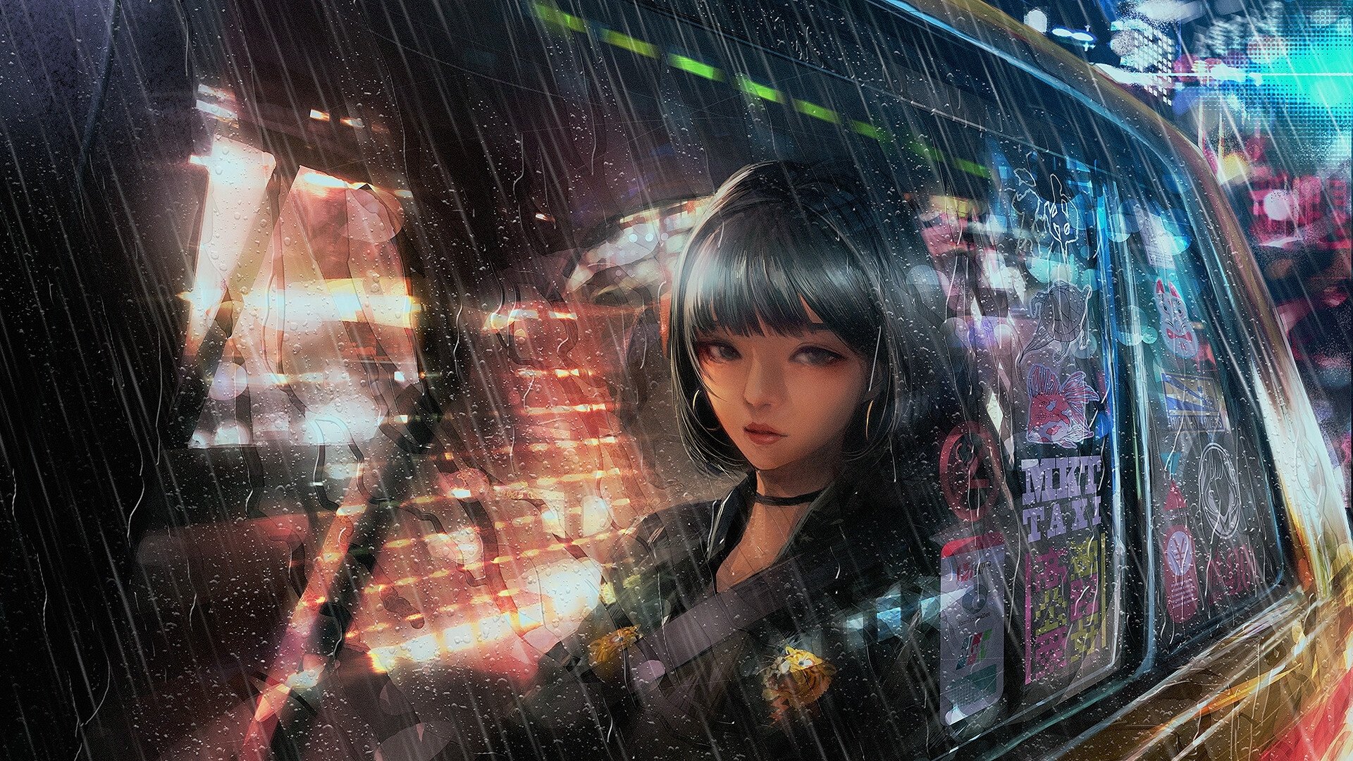 An anime girl gazes thoughtfully from the window of a car, with vibrant city lights reflecting in the rain-streaked glass, creating a captivating and atmospheric scene.