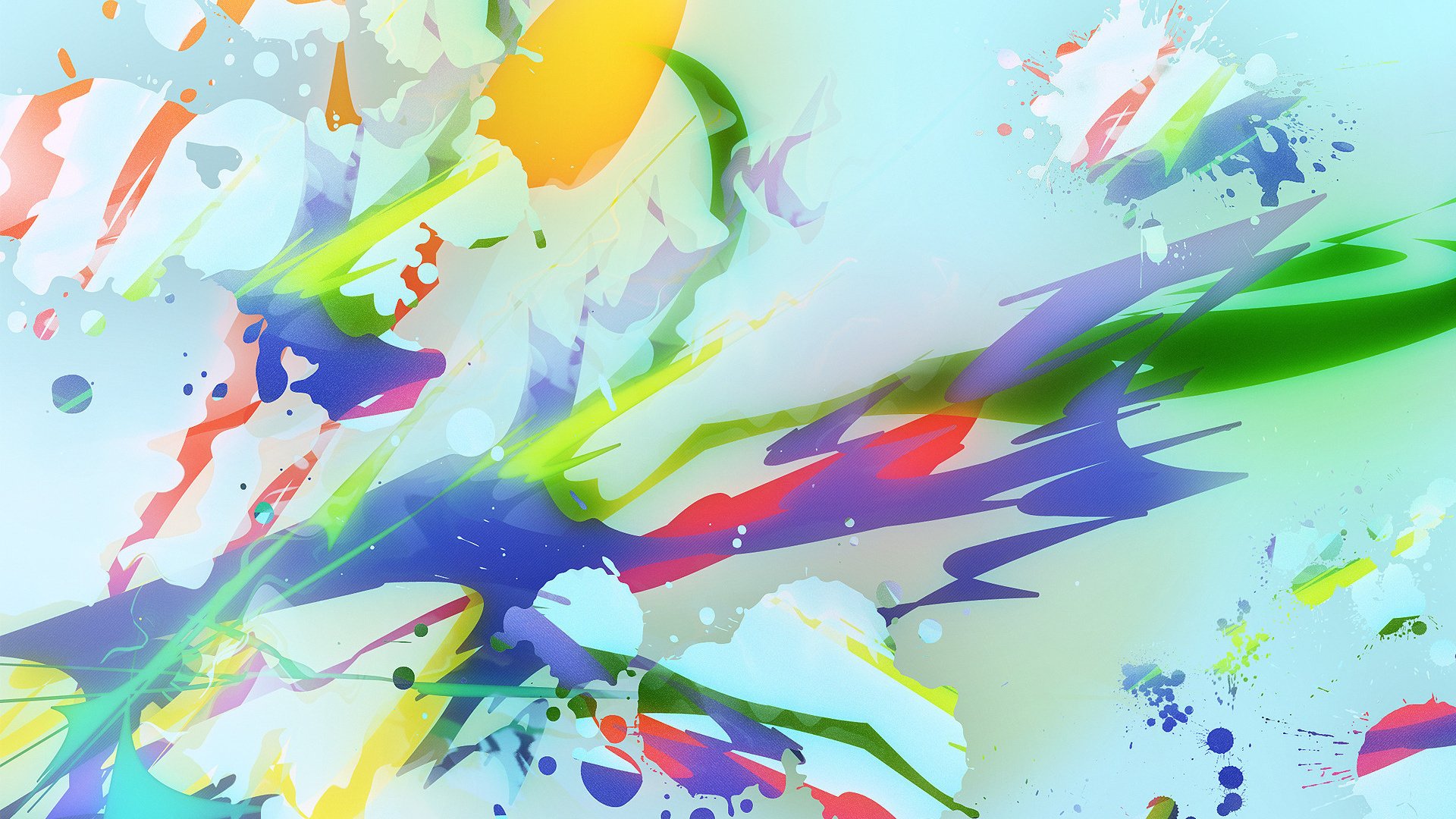 An abstract artwork showcasing vibrant colors and dynamic shapes, blending splashes of green, blue, yellow, and red against a soft background, creating an energetic and artistic composition.