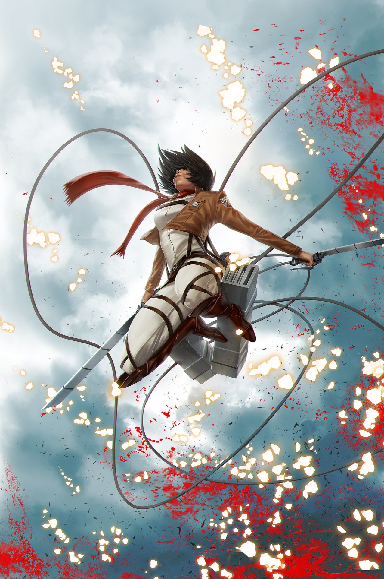 Mikasa Ackerman from Attack on Titan soars through a stormy sky, wielding dual swords with intense focus amid fiery sparks and splashes of red.