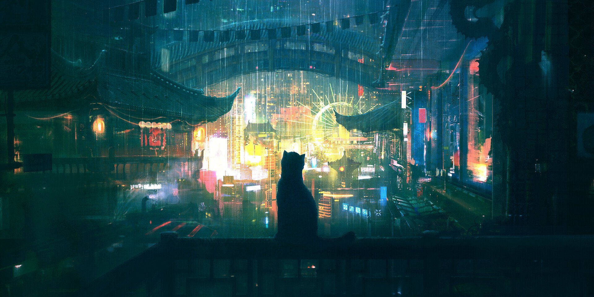 Download Cat Rain Sci Fi City Sci Fi City Art