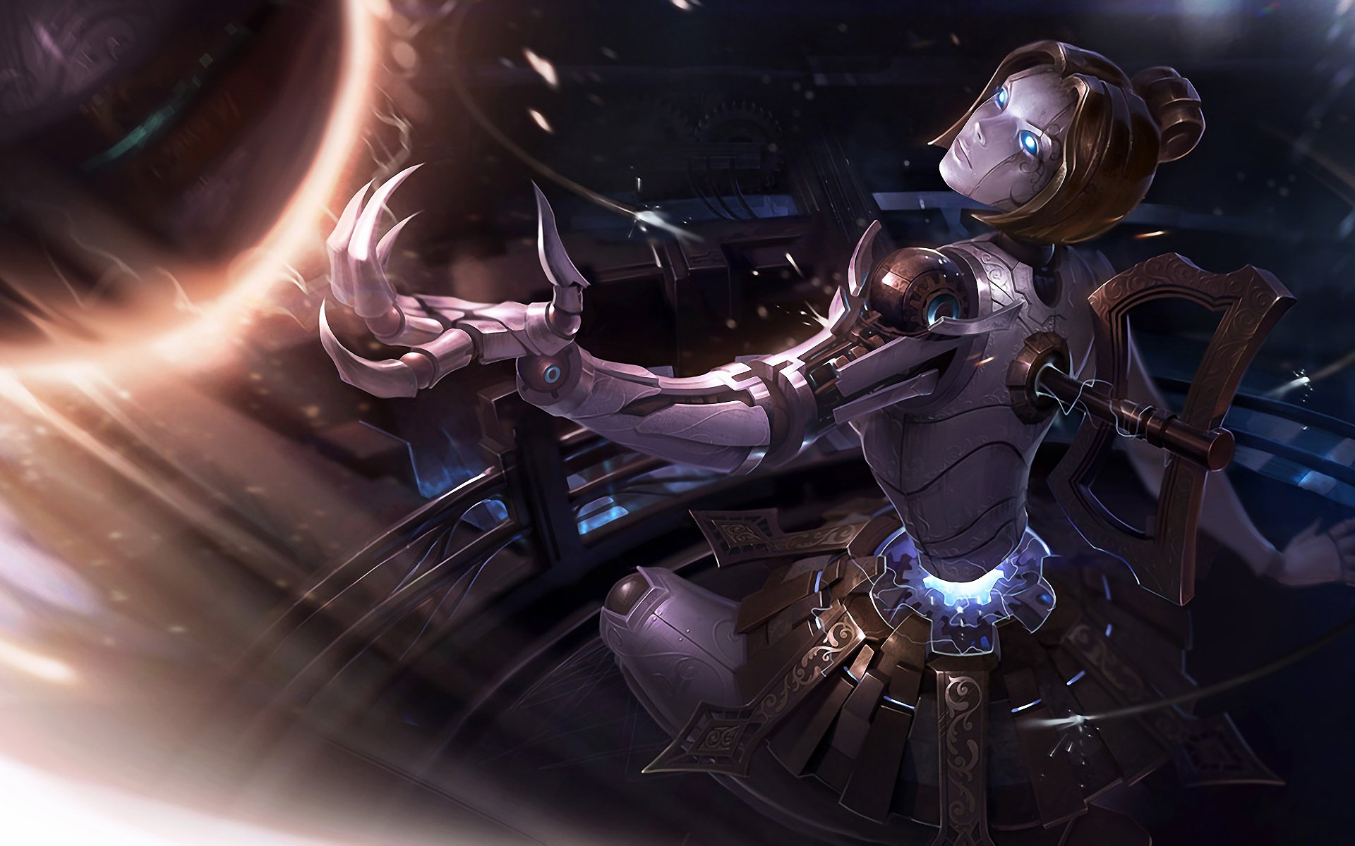 A stylized depiction of Orianna from League of Legends, showcasing her metallic form and intricate design as she manipulates energy within a mystical environment.