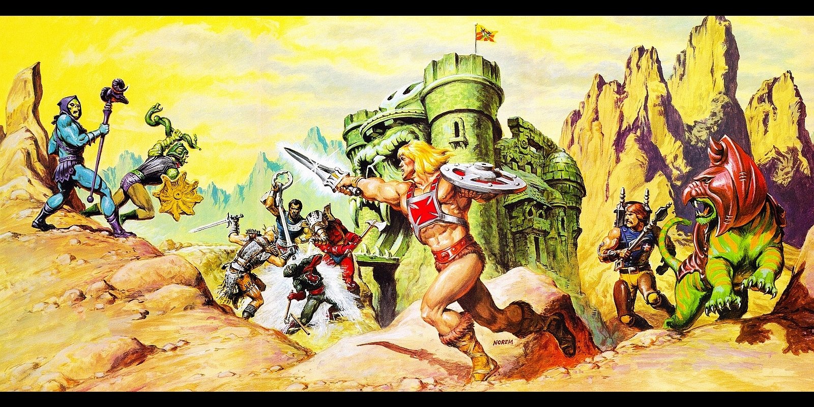 Comic-style He-Man and the Masters of the Universe scene: He-Man charges with sword while allies and villains clash across rocky terrain before a green fortress.