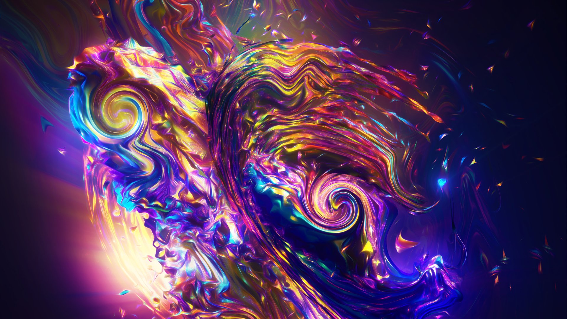 An abstract artistic composition featuring vibrant swirls and intricate patterns, illuminated by a spectrum of colors that evoke a sense of movement and energy.
