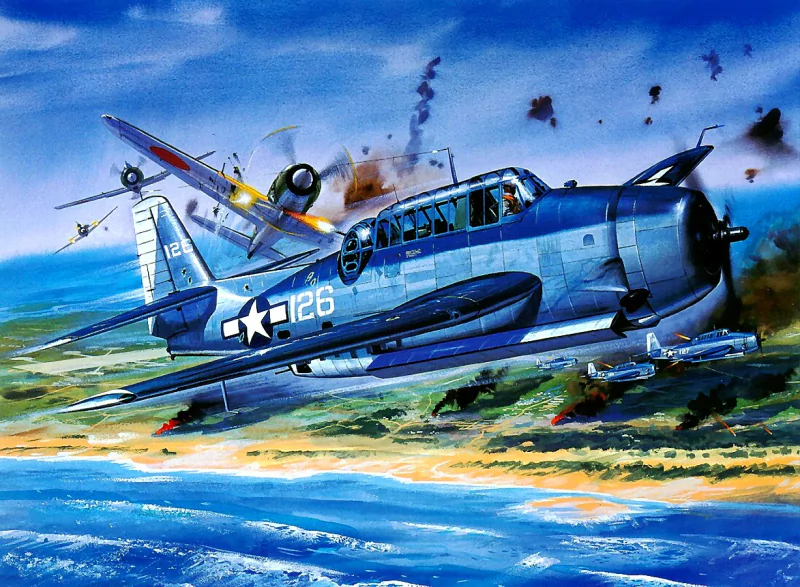 A military aircraft soars above a coastal landscape, engaged in aerial combat, with explosions and smoke in the background, capturing the intensity of wartime aviation.