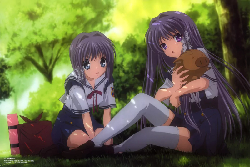 Ryou and Kyou Fujibayashi from Clannad sit on grass in skirts and thigh highs, with Kyou holding a plush Botan in a sunlit forest setting.