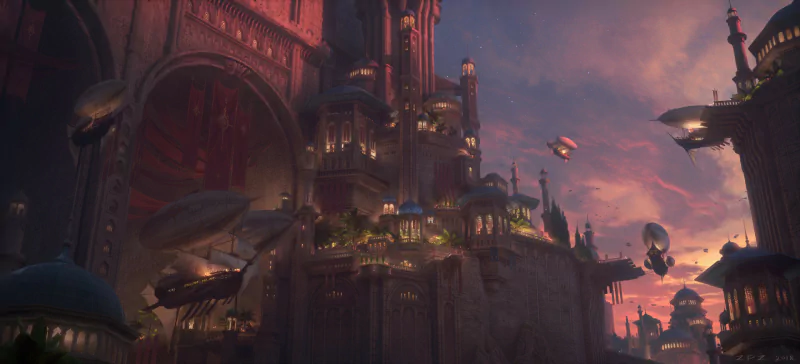 A fantasy cityscape bathed in the warm, glowing hues of a sunset, featuring towering structures and airships floating in the sky.