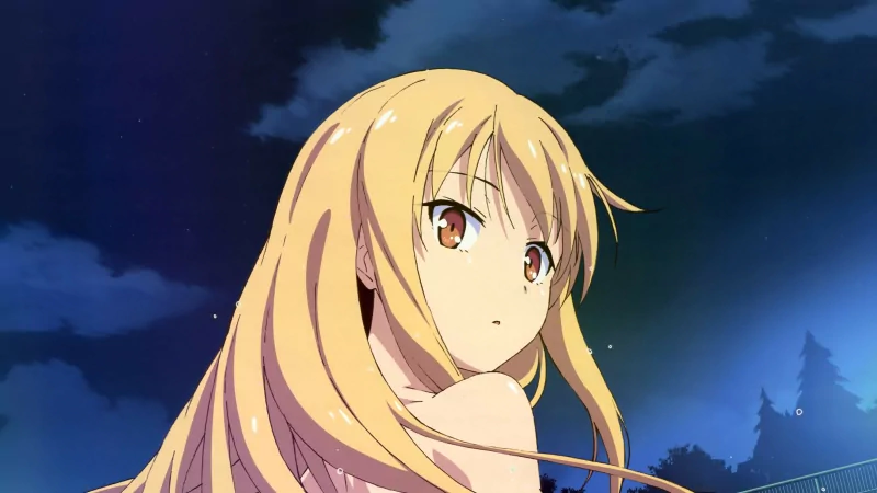Anime scene from Sakurasou no Pet na Kanojo featuring Mashiro Shiina with long blonde hair against a dark, cloudy night sky.