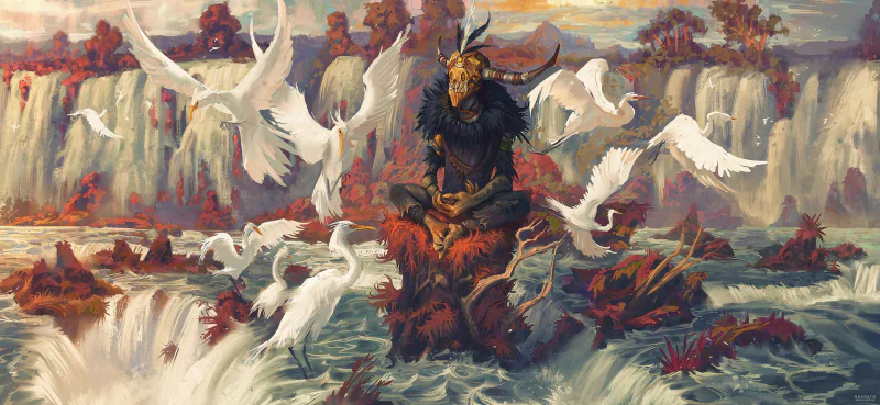 Artistic fantasy scene depicting a mystical figure surrounded by white birds near cascading waterfalls, blending vibrant colors with dynamic motion.