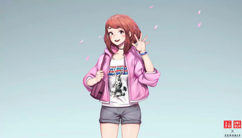 Ochaco Uraraka from My Hero Academia smiles and waves, wearing a casual outfit with a graphic tee and pink jacket against a soft, pastel background.