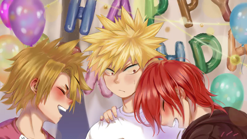 My Hero Academia anime fanart: Katsuki Bakugou frowning between a grinning Denki Kaminari and laughing Eijiro Kirishima under party balloons.