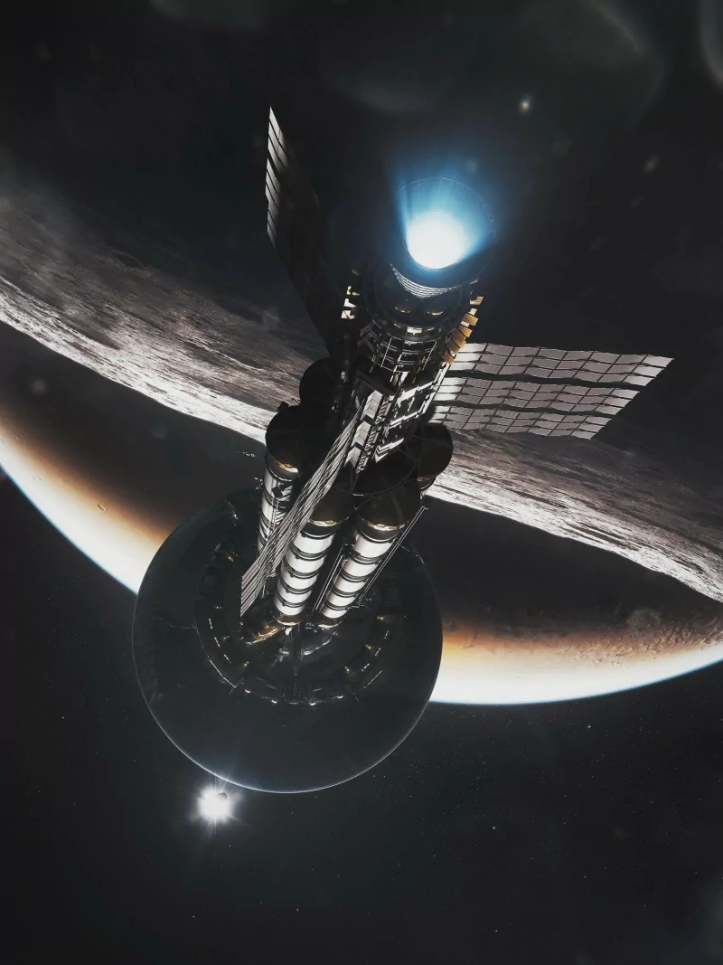 Sci‑Fi spaceship with solar arrays and a glowing engine hovers in space above a cratered moon, with a gas giant and starfield forming the cosmic background.
