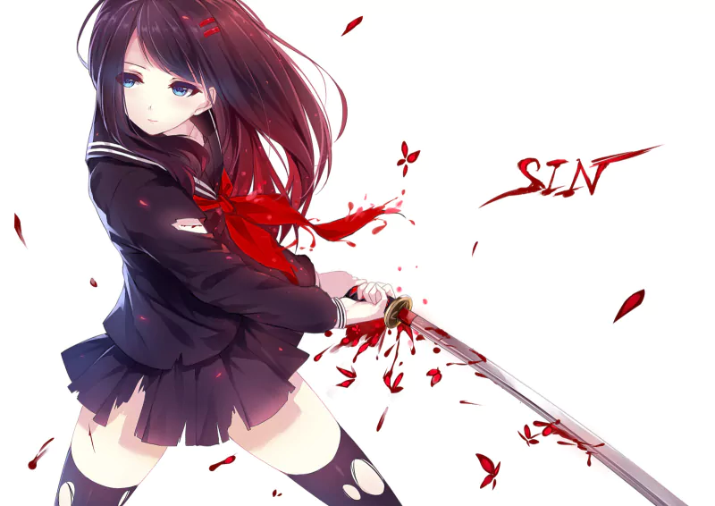 Anime warrior with long hair and striking blue eyes grips a katana, surrounded by floating red petals against a white background.