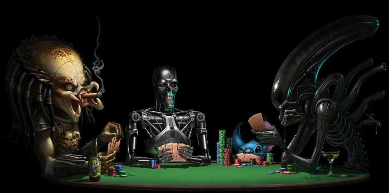 Comical movie crossover: Stitch (Lilo & Stitch), the T-1000, a Xenomorph and a Predator sit at a smoky poker table with chips, cards and drinks, each sizing up their hand.
