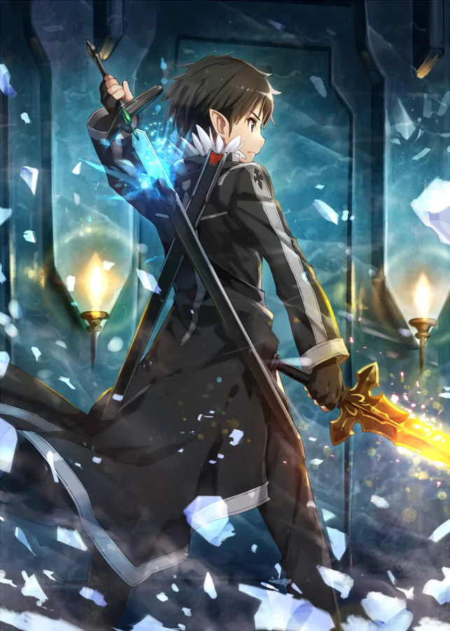 Kirito (Kazuto Kirigaya) from Sword Art Online — anime scene of him in a dark coat wielding glowing swords amid falling ice shards and lantern light.