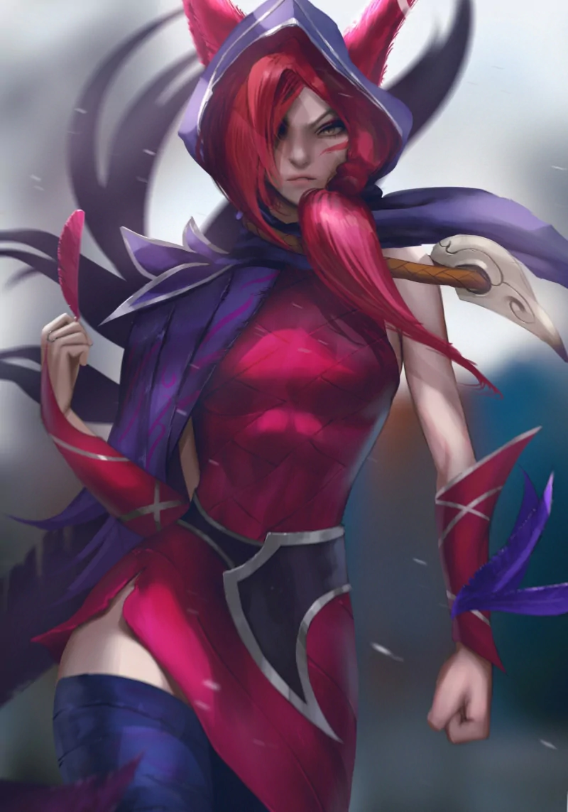 Xayah from League of Legends: red‑haired Vastaya in a purple hood and magenta outfit, fox‑like ears and feathered arm blades, striking a fierce, determined pose.