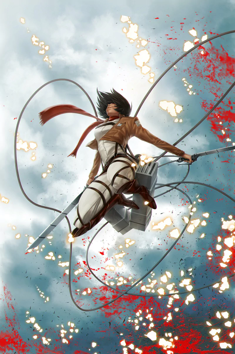 Mikasa Ackerman from Attack on Titan soars through a stormy sky, wielding dual swords with intense focus amid fiery sparks and splashes of red.