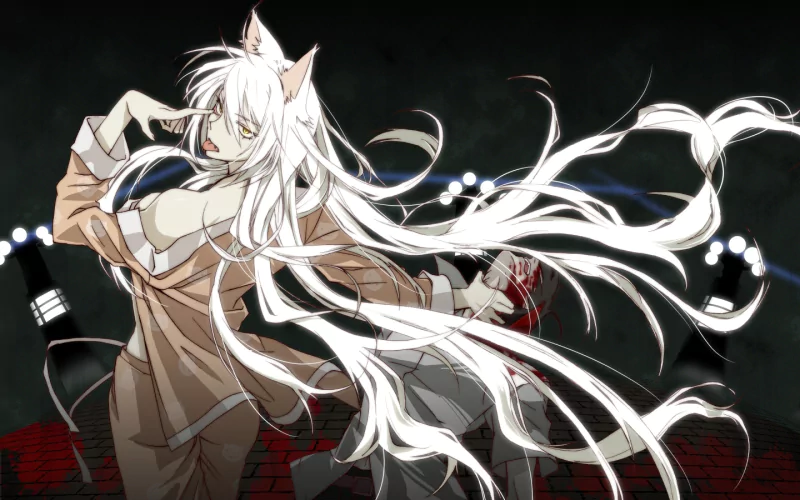 A striking depiction of Tsubasa Hanekawa in her Black Hanekawa form from Nekomonogatari: Kuro, featuring flowing white hair and cat ears in a dynamic anime illustration.