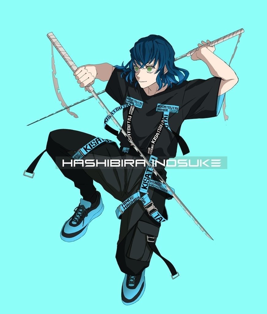Inosuke Hashibira (Demon Slayer: Kimetsu no Yaiba) in black streetwear, blue hair, wielding dual swords with straps, captured in a dynamic mid-air pose against a bright turquoise background.