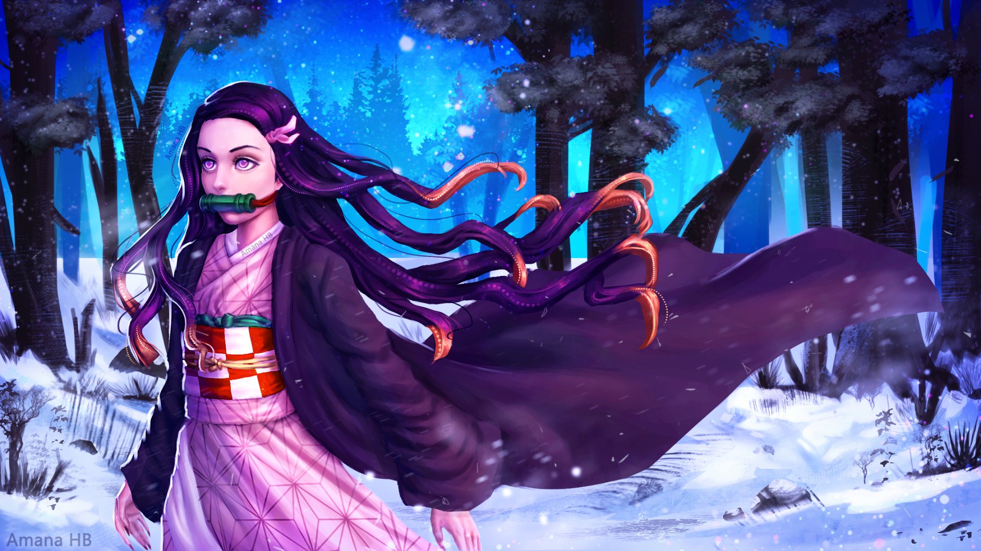 Nezuko Kamado from Demon Slayer stands in a snowy anime forest, her dark hair and flowing robe contrasting with the serene winter landscape.