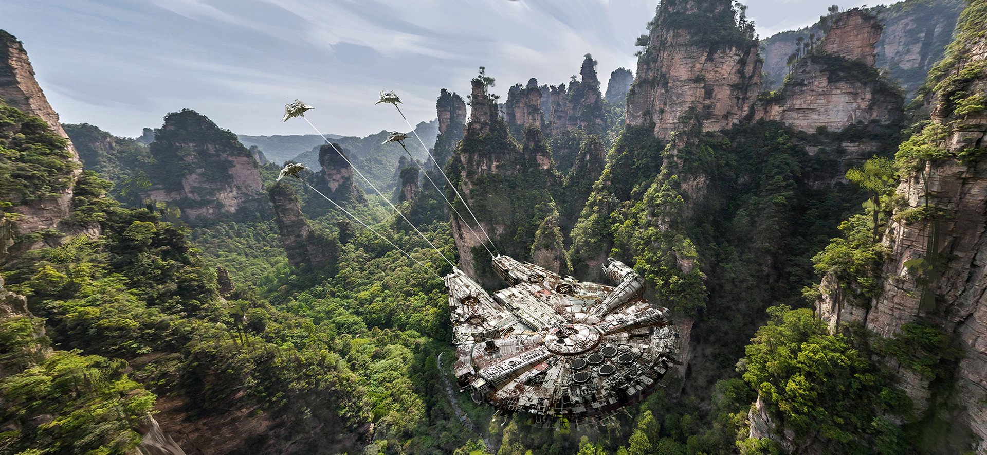 Millennium Falcon hovering above towering, misty rock pillars and dense jungle in a Sci Fi Star Wars landscape, with small escort ships streaking across the sky.