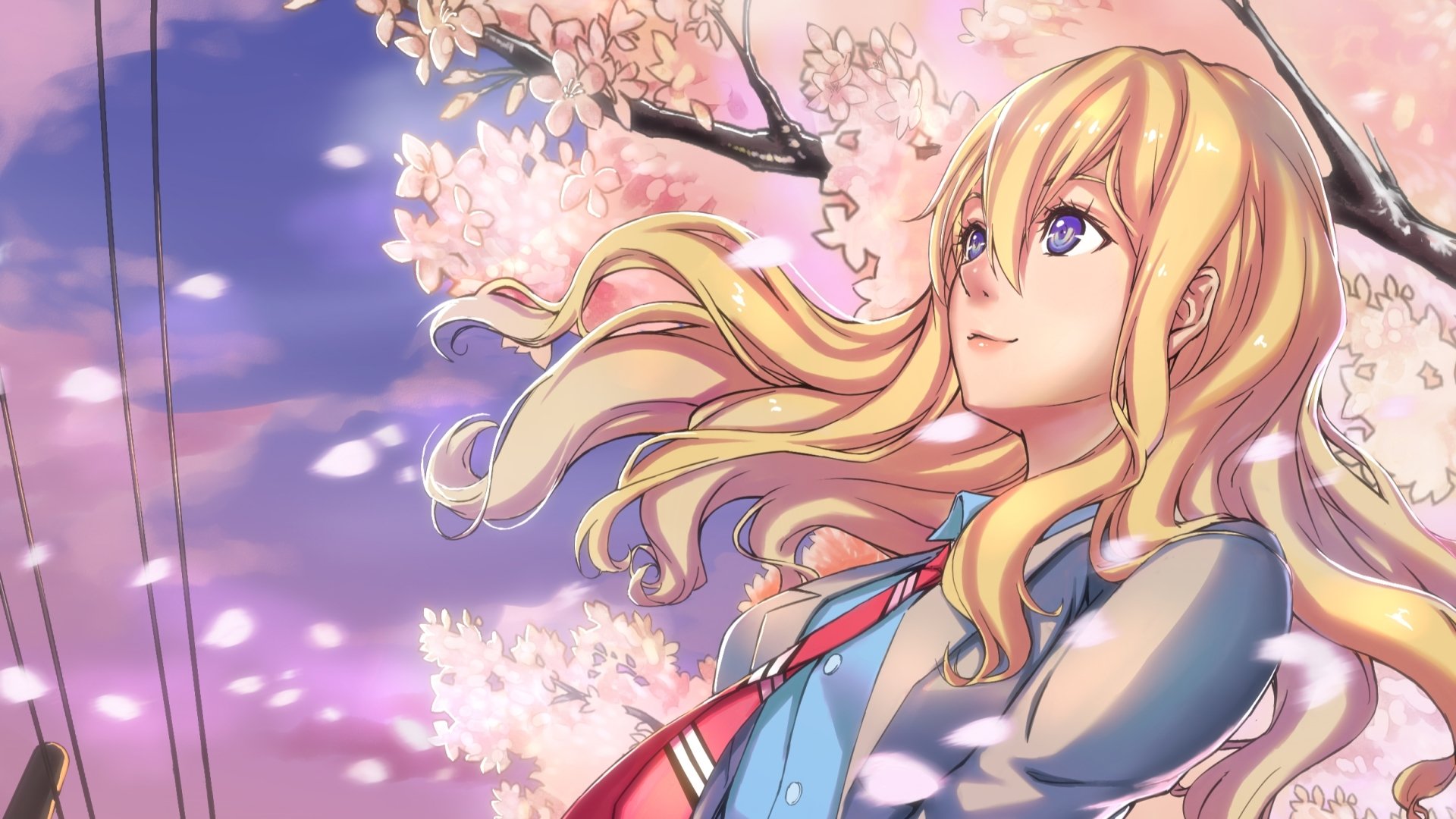 Kaori Miyazono from Your Lie in April stands beneath blooming cherry blossoms with her hair flowing in the breeze against a soft, pastel sky.