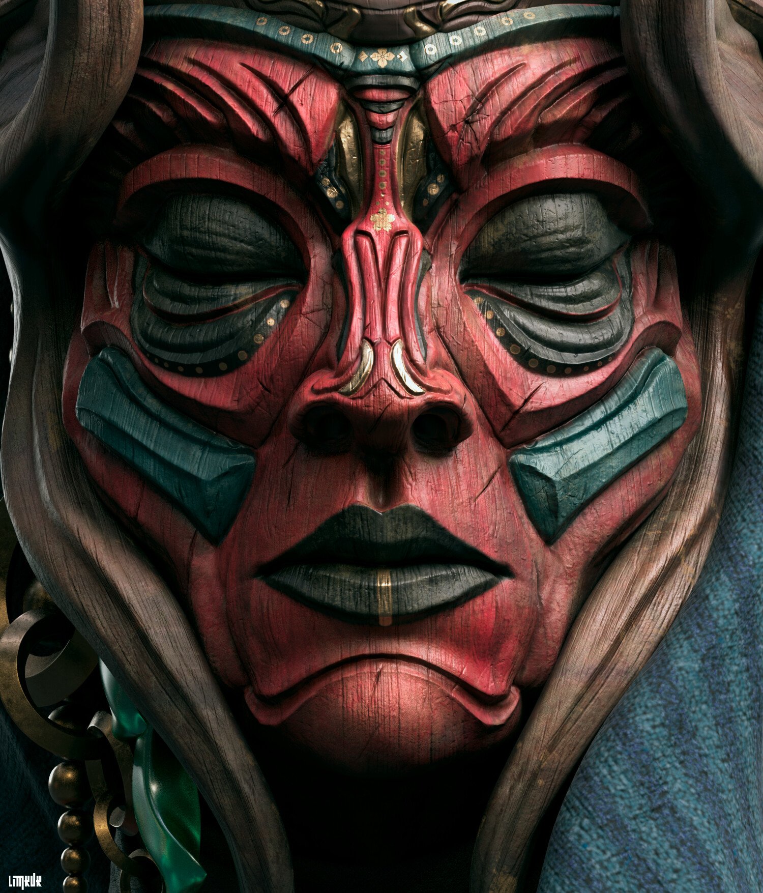Photograph of an intricately carved red ceremonial mask with closed eyes, teal cheek markings, wood-grain texture and metal ornaments, partly draped by fabric.