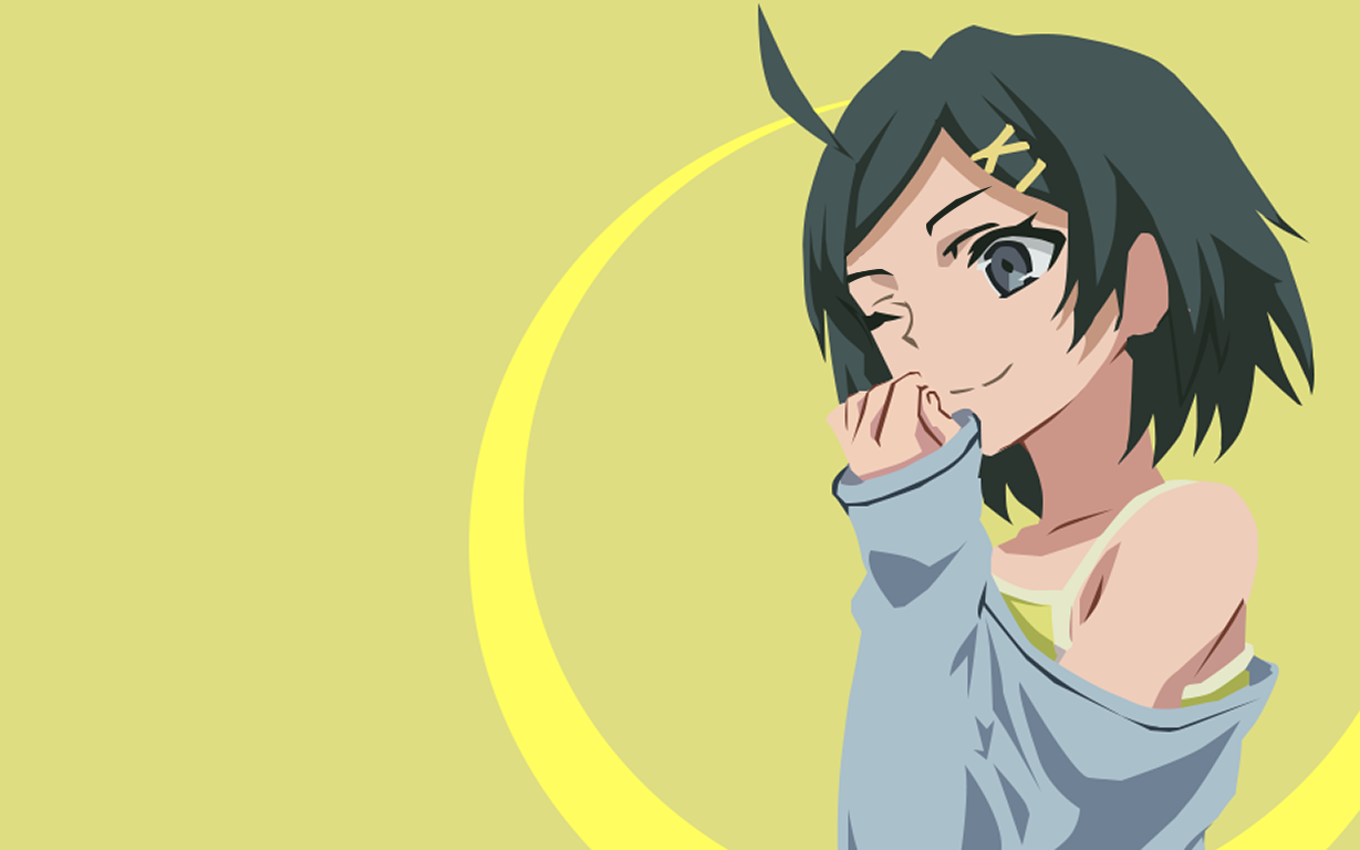 Komachi Hikigaya from My Teen Romantic Comedy SNAFU — anime-style portrait: short dark hair with a hairpin, mischievous smile, oversized off-shoulder sweater and crescent moon on a yellow background.