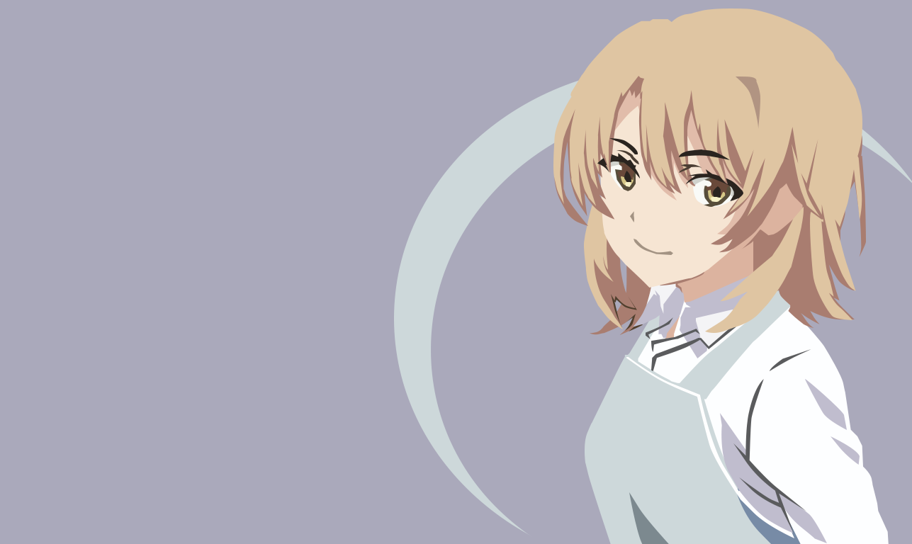 Iroha Isshiki from My Teen Romantic Comedy SNAFU — three-quarter portrait of an anime girl with short blonde hair, school shirt and apron, soft smile against a muted purple background.