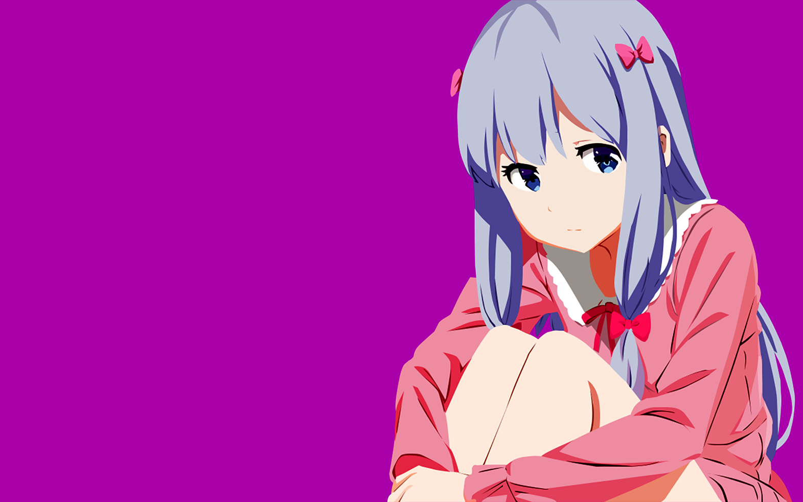 Sagiri Izumi from Eromanga-Sensei, curled up with knees to chest, lavender hair, pink outfit and red hair bows against a bold purple background.