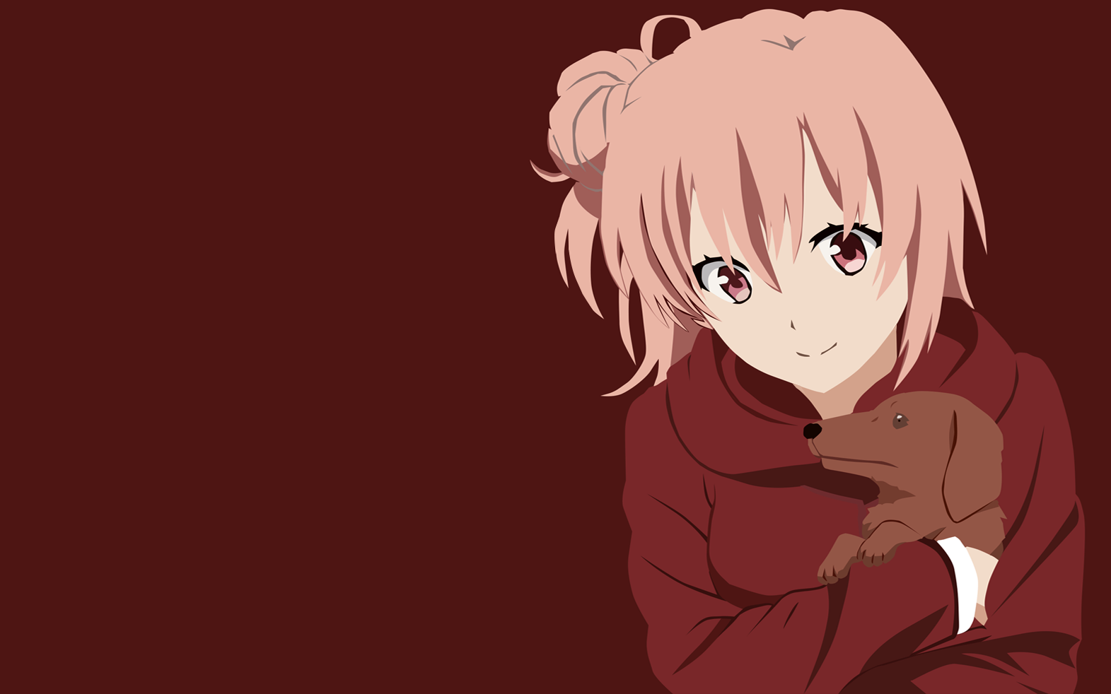 Yui Yuigahama from My Teen Romantic Comedy SNAFU smiling in a red hoodie, gently holding a small brown dachshund against a dark red background.