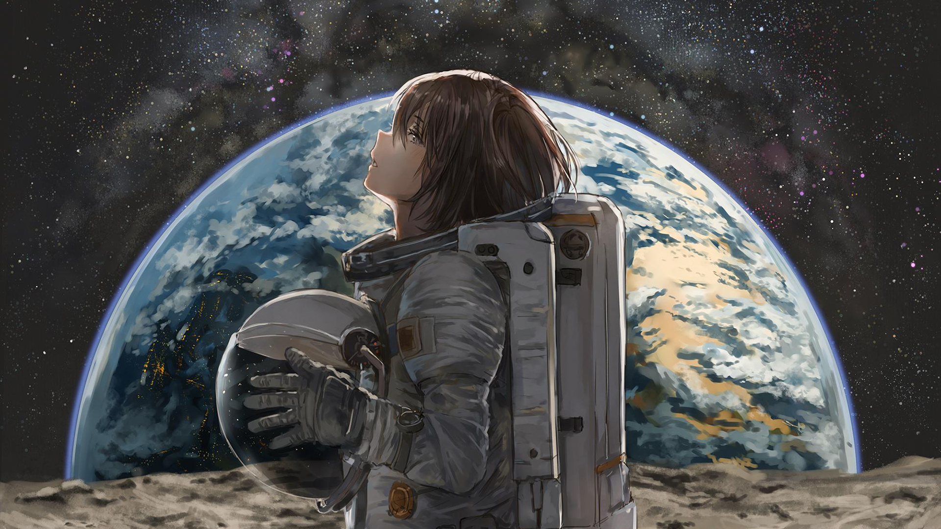 Anime girl cosmonaut with grey eyes stands on the moon, holding her helmet, with Earth and stars visible in the space background.
