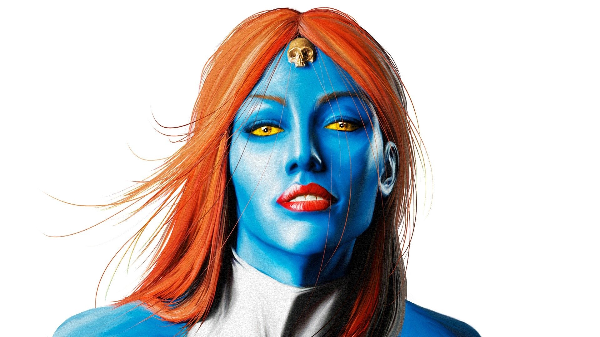 A close-up of Mystique, also known as Raven Darkhölme from Marvel Comics, showcasing her striking blue skin, vibrant orange hair, and piercing yellow eyes.