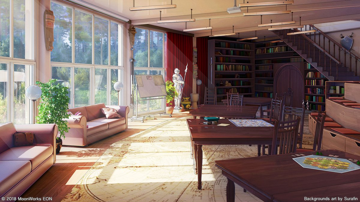 Sunlit anime-style room in a house featuring large windows, cozy seating, bookshelves, and a dining table, blending warmth and detailed interior design.